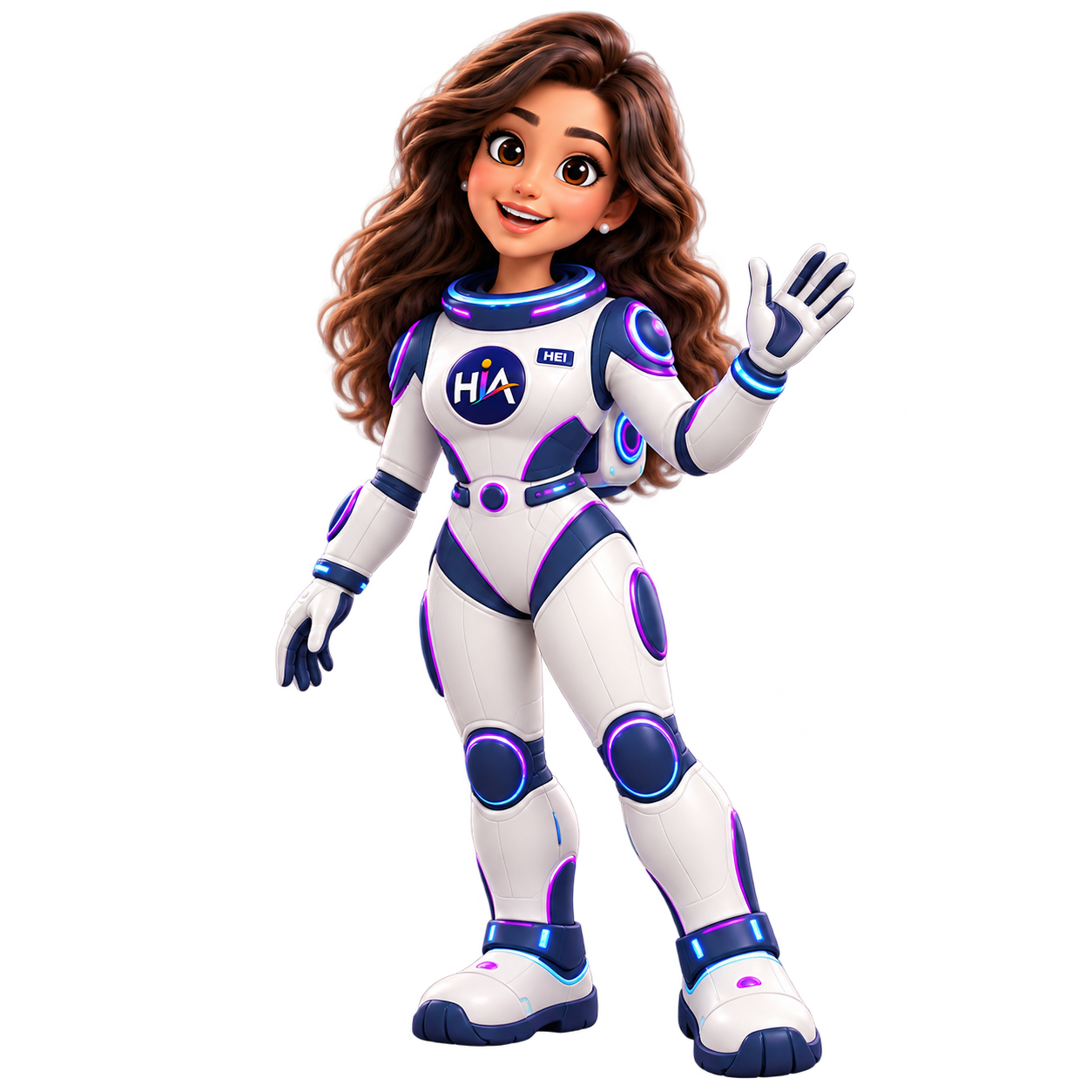 Hei, personaje de HIA Creativa con traje espacial
